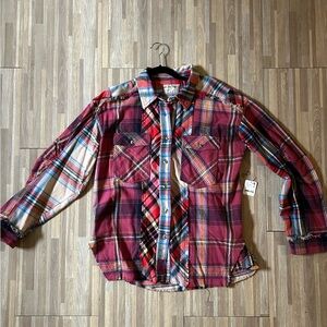 Free People Plaid Patchwork Overside Flannel Button Down Shirt Size Medium - NWT